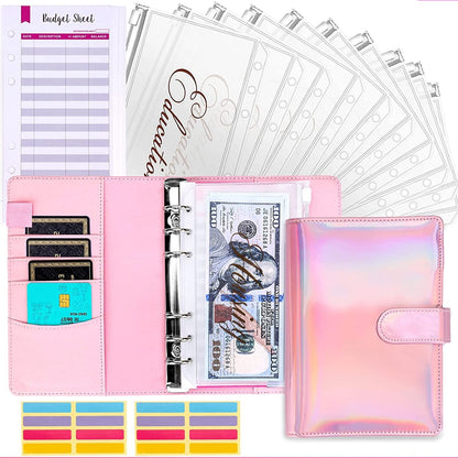 Rosa Budgetplaner-Set mit Hologramm-Design, Geldumschläge, Budgetblätter, Aufkleber.