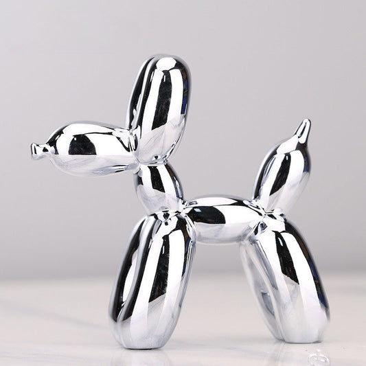 Silberner Ballonhund Skulptur, modernes Deko-Objekt, glänzend, zeitgenössische Kunst.