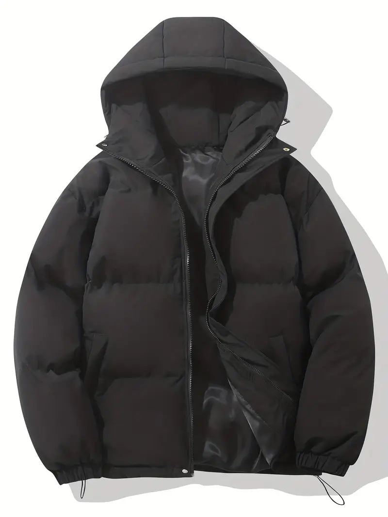 Schwarze Daunenjacke mit Kapuze, Reißverschluss, warm, Wintermode, Unisex, Outdoor-Bekleidung.