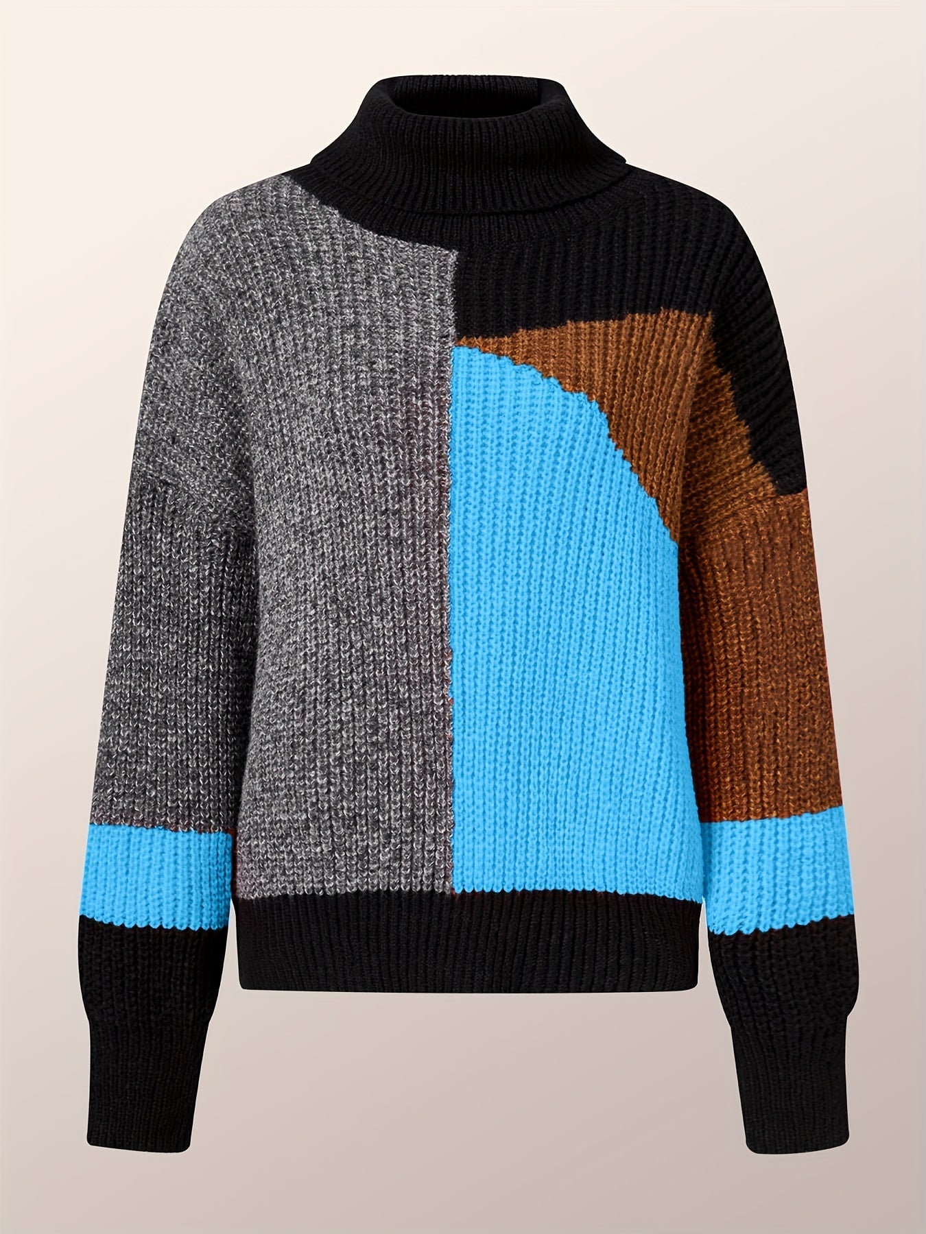 Bunter Strickpullover, Rollkragen, grau-blau-braun, Damenmode, Winterkleidung, warm, stylisch.