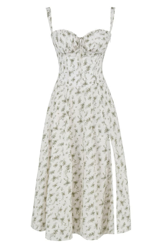 Weißes Sommerkleid mit Blumenmuster, Spaghettiträger, knielang, Baumwolle, elegant.