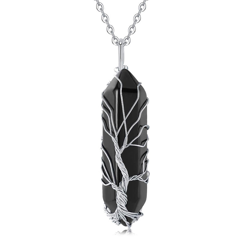 Schwarzer Kristallanhänger mit silbernem Drahtbaum, Halskette, Schmuck, Geschenkidee.