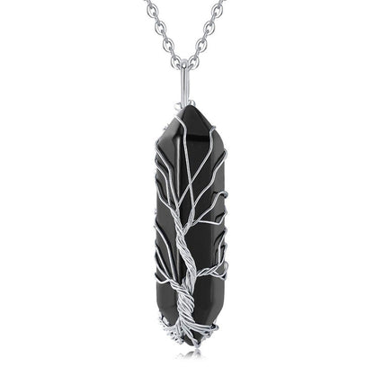 Schwarzer Kristallanhänger mit silbernem Drahtbaum, Halskette, Schmuck, Geschenkidee.