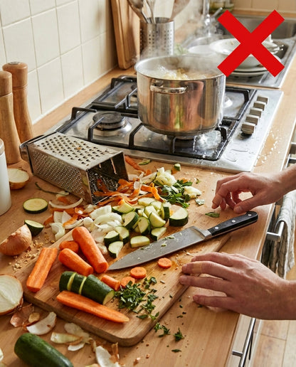 Rörig köksbänk med skärbräda, kniv, hackade morötter, zucchini och lök bredvid ett traditionellt fyrkantigt rivjärn och en kokande kastrull. 2