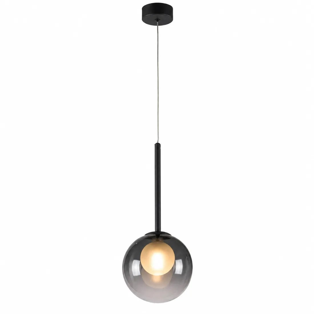 Tänd rökgrå glasklotslampa med svart stav och takfäste mot vit bakgrund 8