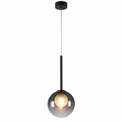 Tänd rökgrå glasklotslampa med svart stav och takfäste mot vit bakgrund 8