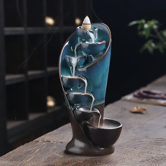 Handgefertigter blauer Keramik-Räucherstäbchenhalter, Wasserfall-Design, Heimdekoration.