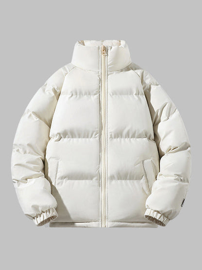 Weiße Daunenjacke, Reißverschluss, Wintermode, warm, unisex, gesteppte Pufferjacke.