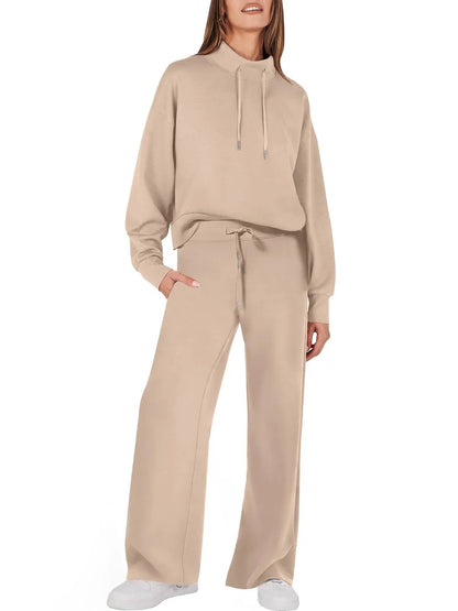 Damen Zweiteiler Set, beige, Kapuzenpullover und Hose, Freizeitmode, bequem, modern.