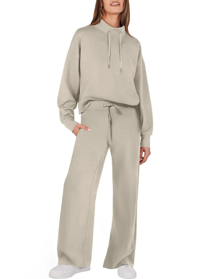 Damen Zweiteiler Set, beige, Kapuzenpullover und Hose, Freizeitmode, bequem, modern.