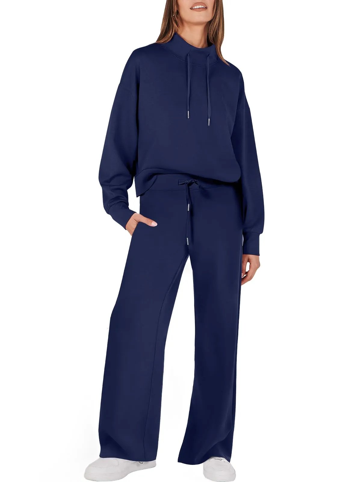 Damen Zweiteiler Set, dunkelblau, Kapuzenpullover und Hose, bequem, Freizeitmode.