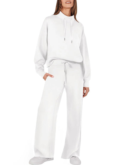 Weiße Damen-Sweatshirt und Hose Set, bequem, lässig, ideal für Freizeitkleidung.