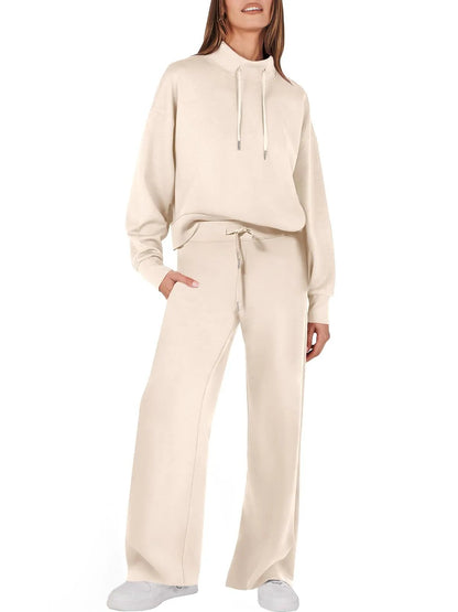 Damen Zweiteiler Set, beige, Hoodie und Hose, Freizeitmode, bequem, lässig, Baumwolle.