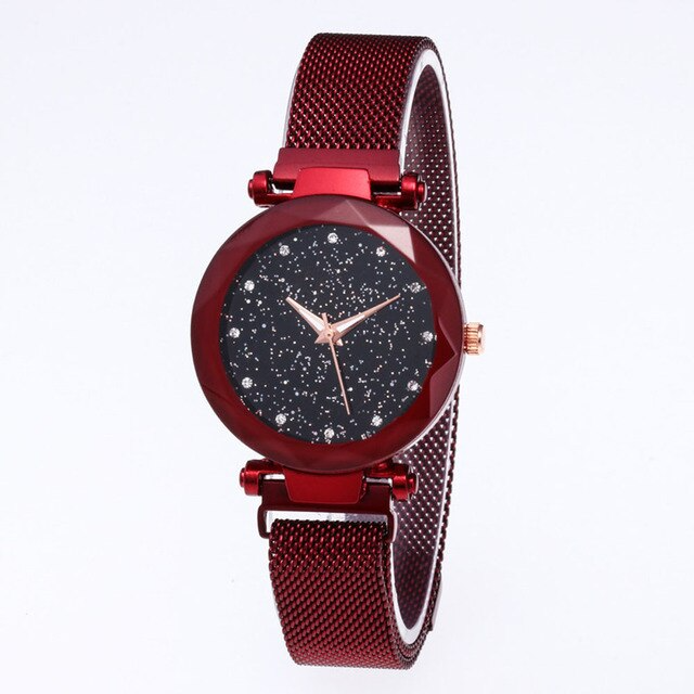 Rotes Damen-Quarzuhr mit Sternenhimmel-Zifferblatt, magnetisches Armband, elegant und modern.
