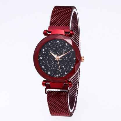 Rotes Damen-Quarzuhr mit Sternenhimmel-Zifferblatt, magnetisches Armband, elegant und modern.