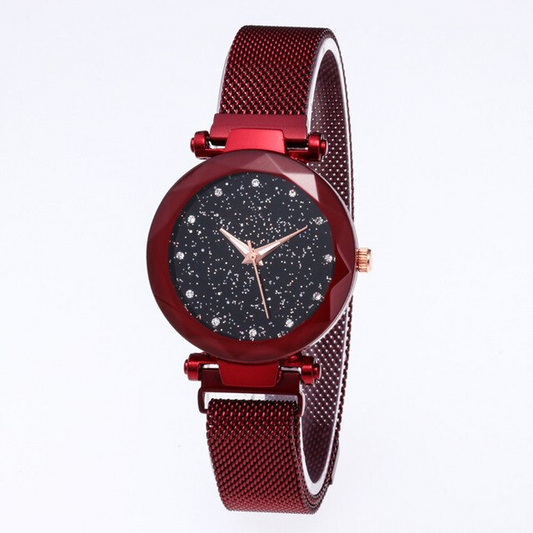 Rotes Damen-Quarzuhr mit Sternenhimmel-Zifferblatt, magnetisches Armband, elegant und modern.