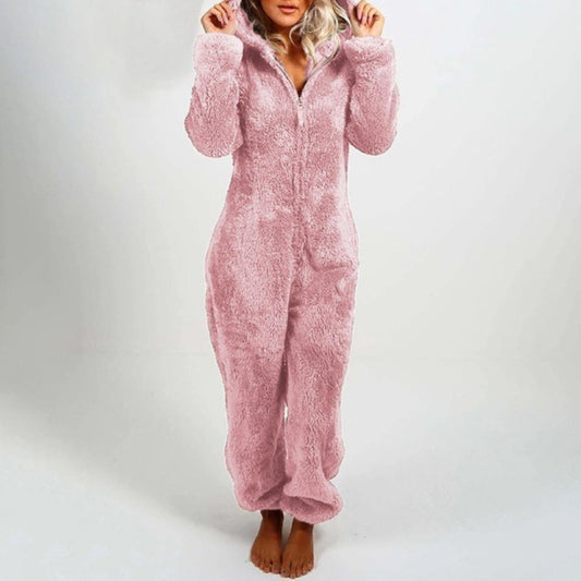 Flauschiger rosa Damen-Plüsch-Pyjama mit Kapuze, langärmelig, Reißverschluss, Wintermode.