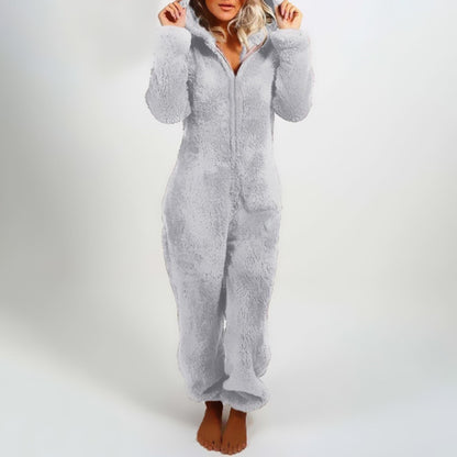 Graue Damen Plüsch-Winter-Pyjama, langärmelig, Kapuze, Reißverschluss, Plus-Size, warm.