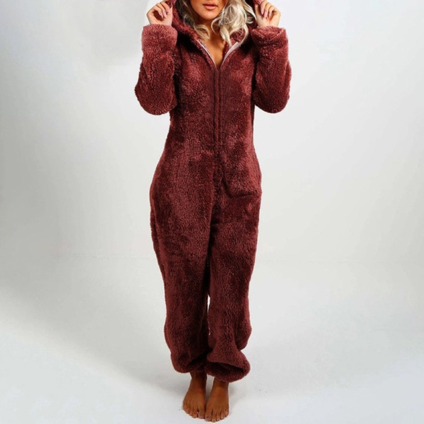 Flauschiger Damen-Winter-Overall, burgundy, Kapuze, Reißverschluss, langärmelig, Plus-Size.
