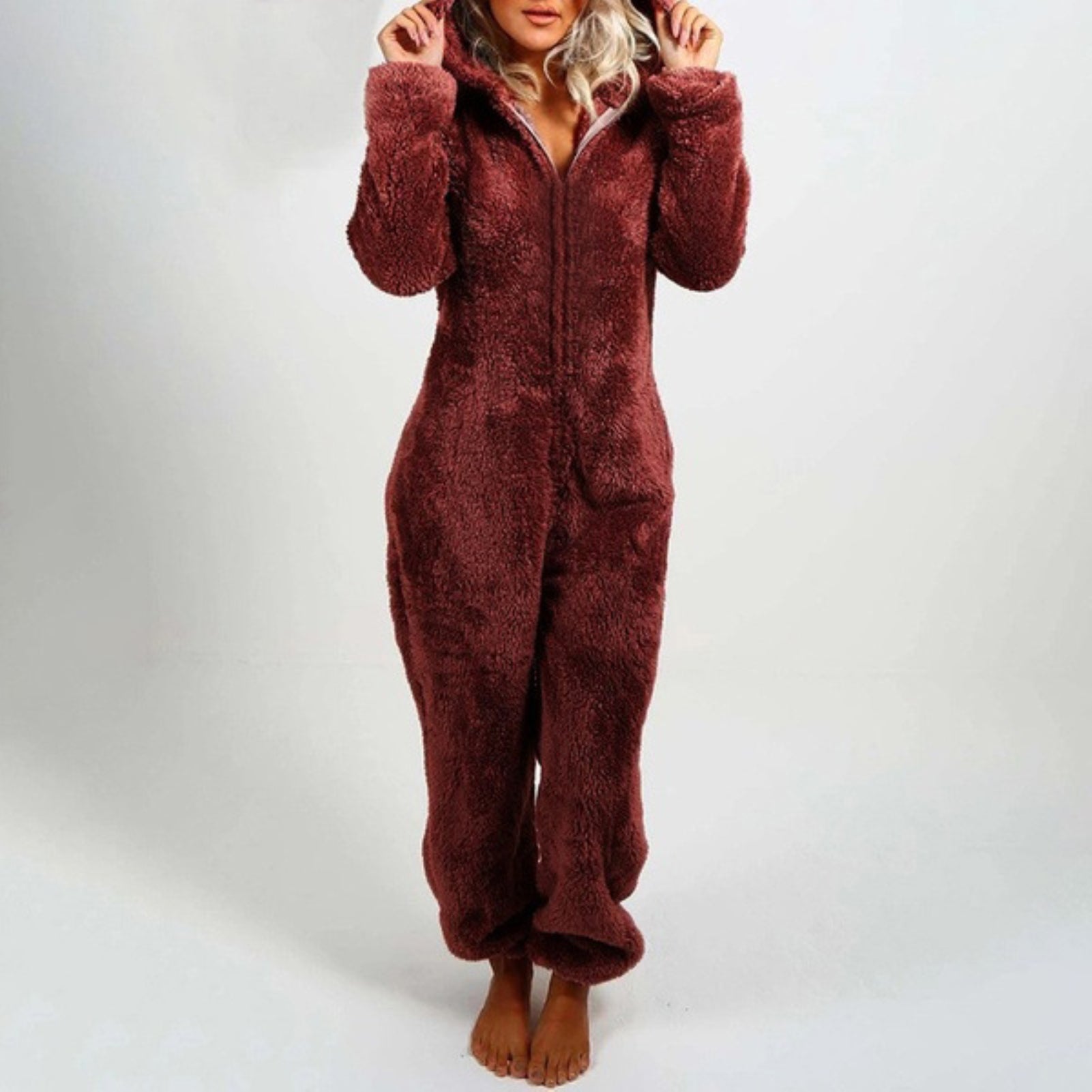 Flauschiger Damen-Winter-Overall, burgundy, Kapuze, Reißverschluss, langärmelig, Plus-Size.