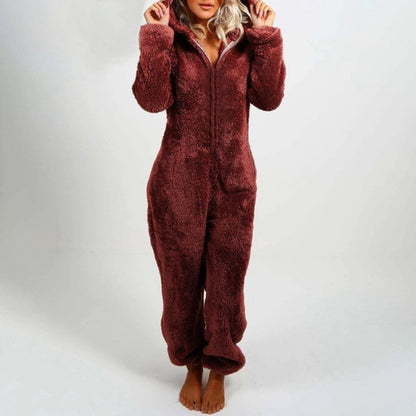 Flauschiger Damen-Winter-Overall, burgundy, Kapuze, Reißverschluss, langärmelig, Plus-Size.