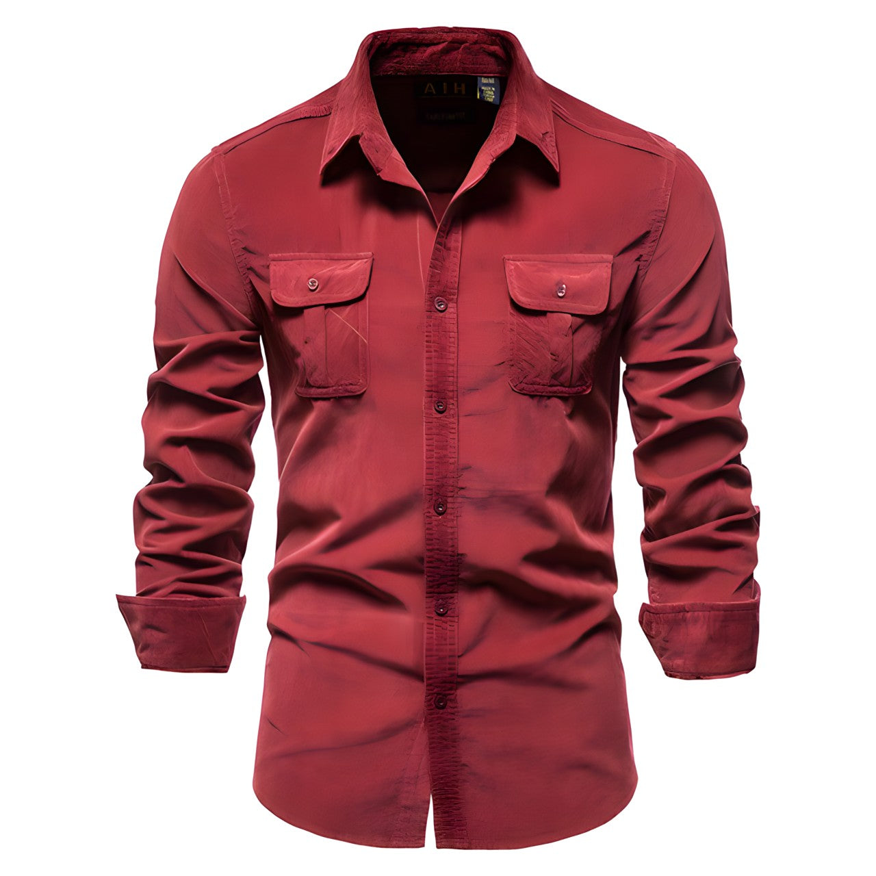 Rotes Herrenhemd aus Cord, einreihig, 100% Baumwolle, Business Casual Mode.