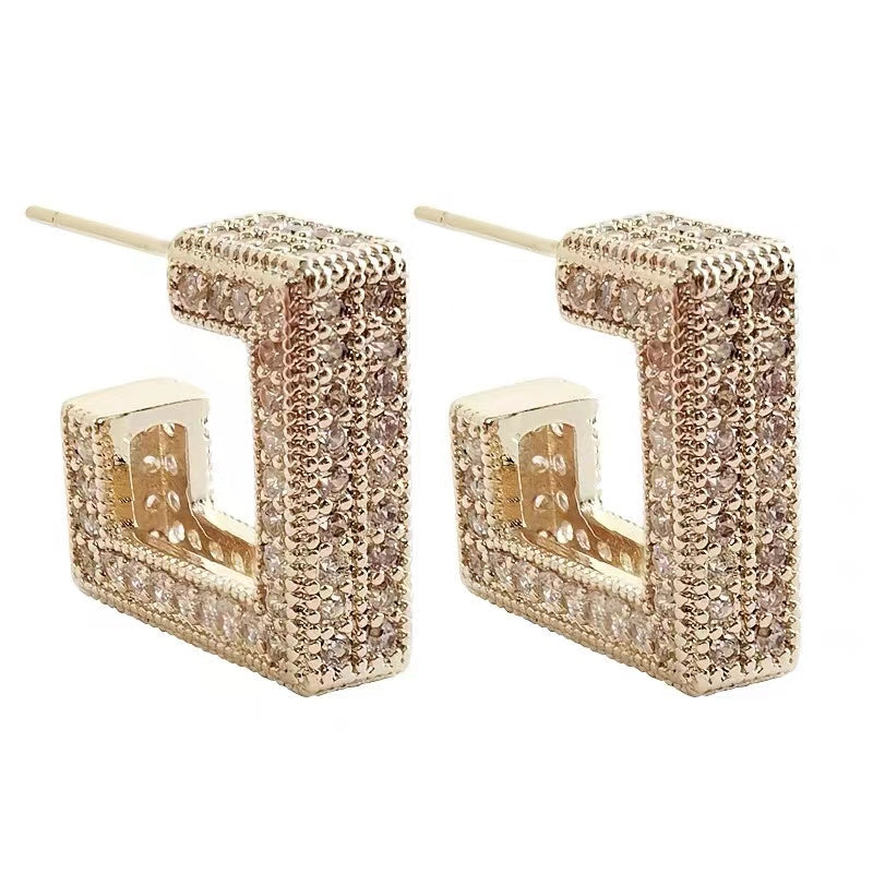 Goldene geometrische Ohrringe mit Zirkonia, quadratisch, antiallergisch, für Damen.