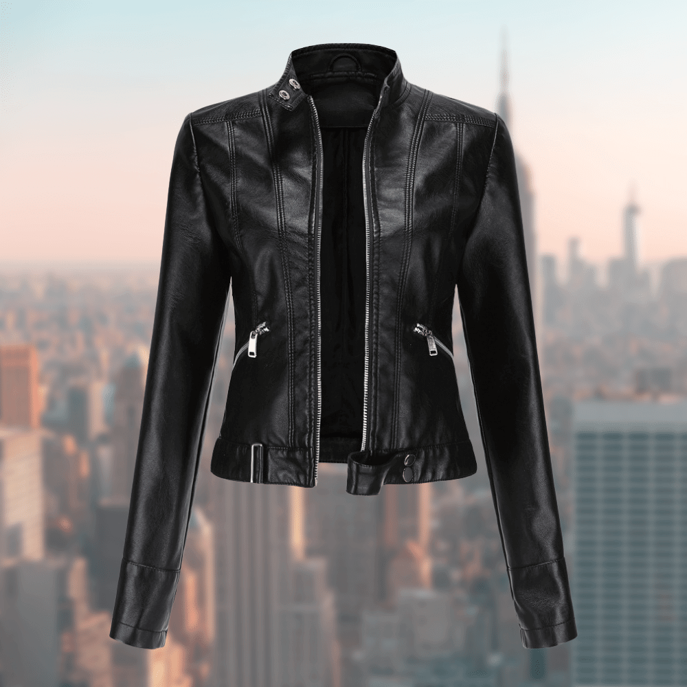 Schwarze Damen-Lederjacke mit Reißverschlüssen, modisch, elegant, ideal für Herbst und Winter.