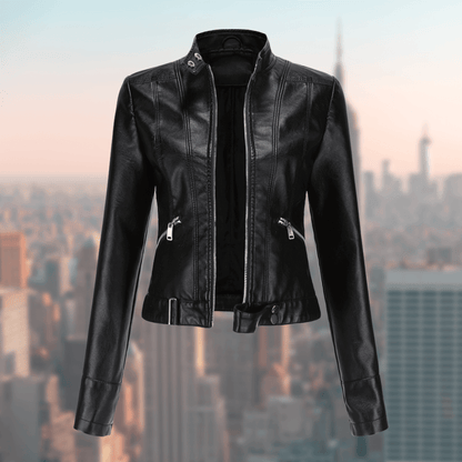 Schwarze Damen-Lederjacke mit Reißverschlüssen, modisch, elegant, ideal für Herbst und Winter.