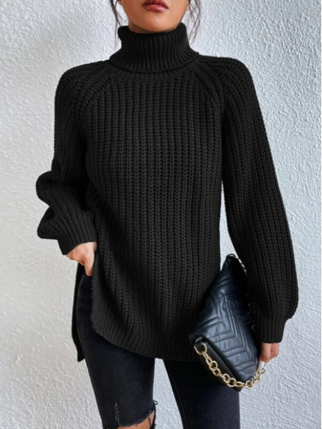 Damen Rollkragenpullover schwarz, Strick, modisch, Herbstmode, mit gesteppter Tasche.