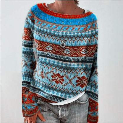 Damen Oversize Pullover, blau-rot gemustert, O-Ausschnitt, lange Ärmel, Herbstmode.