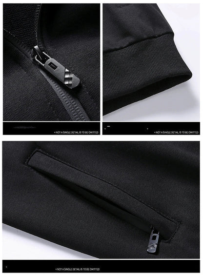 Schwarzes Herren-Trainingsanzug-Set, Reißverschluss-Details, Streetwear, Sportbekleidung.