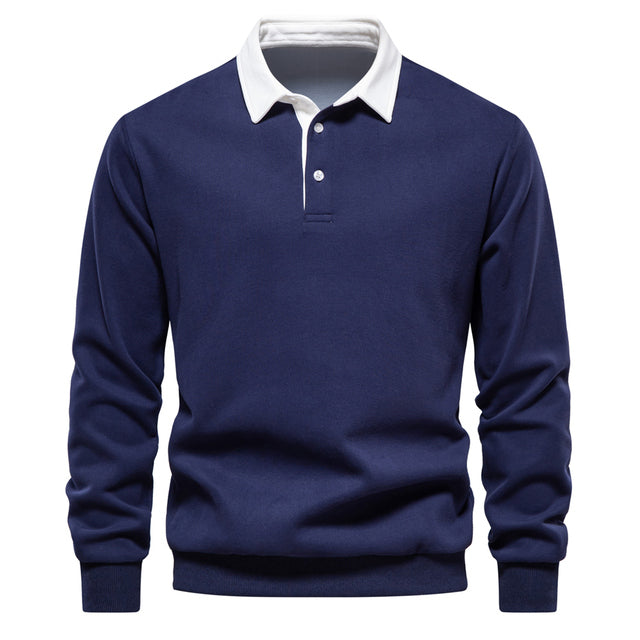 Blauer Herren-Pullover mit Polo-Kragen, Langarm, Baumwolle, Herbstmode, Freizeitkleidung.