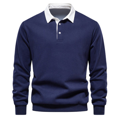 Blauer Herren-Pullover mit Polo-Kragen, Langarm, Baumwolle, Herbstmode 2023.