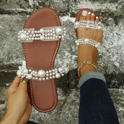 Bohemiska slip-on sandaler för kvinnor med pärldekoration – Elvyna