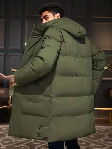 Grüne Herren-Daunenjacke mit Kapuze, warm, halblang, Reißverschluss, Herbstmode.