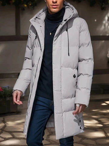 Graue Herren-Daunenjacke mit Kapuze, Reißverschluss, warm, casual, Herbstmode.