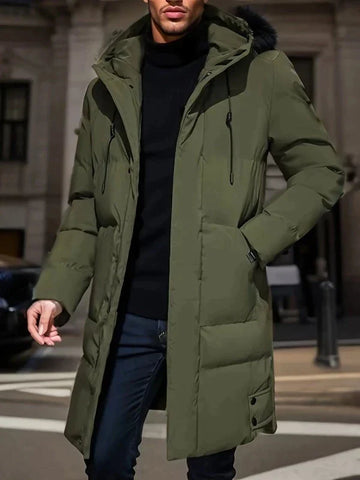 Grüne Herren-Winterjacke mit Kapuze, wattiert, Reißverschluss, casual, Baumwolle, Herbstmode.