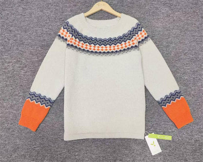 Beiger Strickpullover mit orange-blauem Norwegermuster, Damenmode, Winterkleidung, Baumwolle.