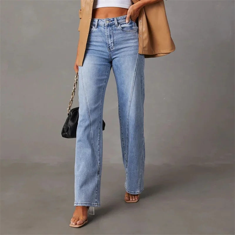 Damen Patchwork-Jeans, hellblau, weites Bein, mittlere Taille, modisch, Denim, 2024.
