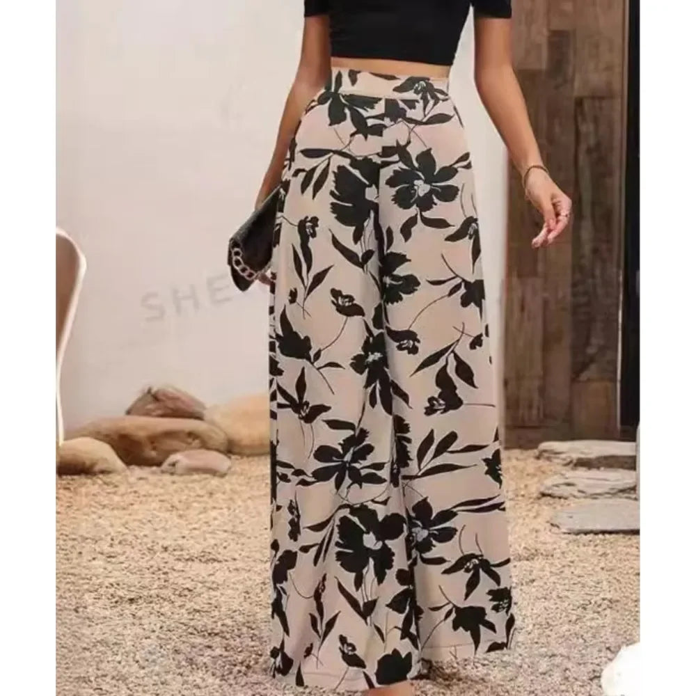 Damen weite Hose mit Blumenmuster, beige-schwarz, Frühling Sommer Mode 2024, lässig elegant.