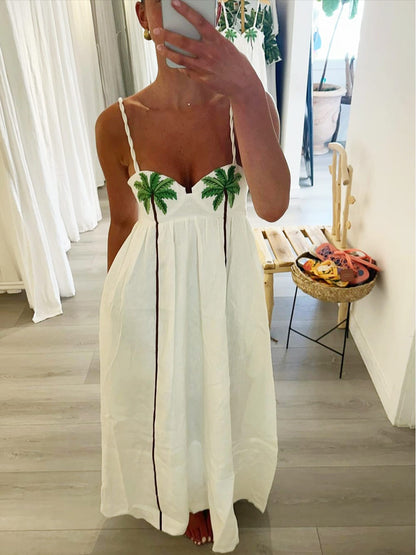 Trendigt axelbandsklänning med tropiskt palmtryck – Estelle