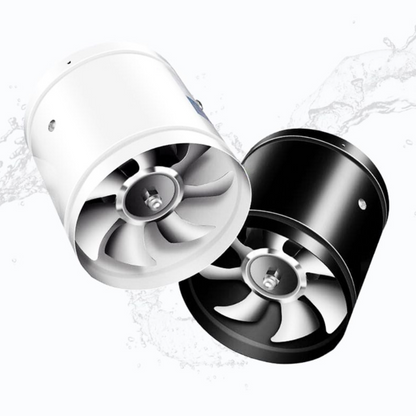 Schwarzer und weißer Inline-Lüfter, leise, energieeffizient, für Belüftungssysteme.