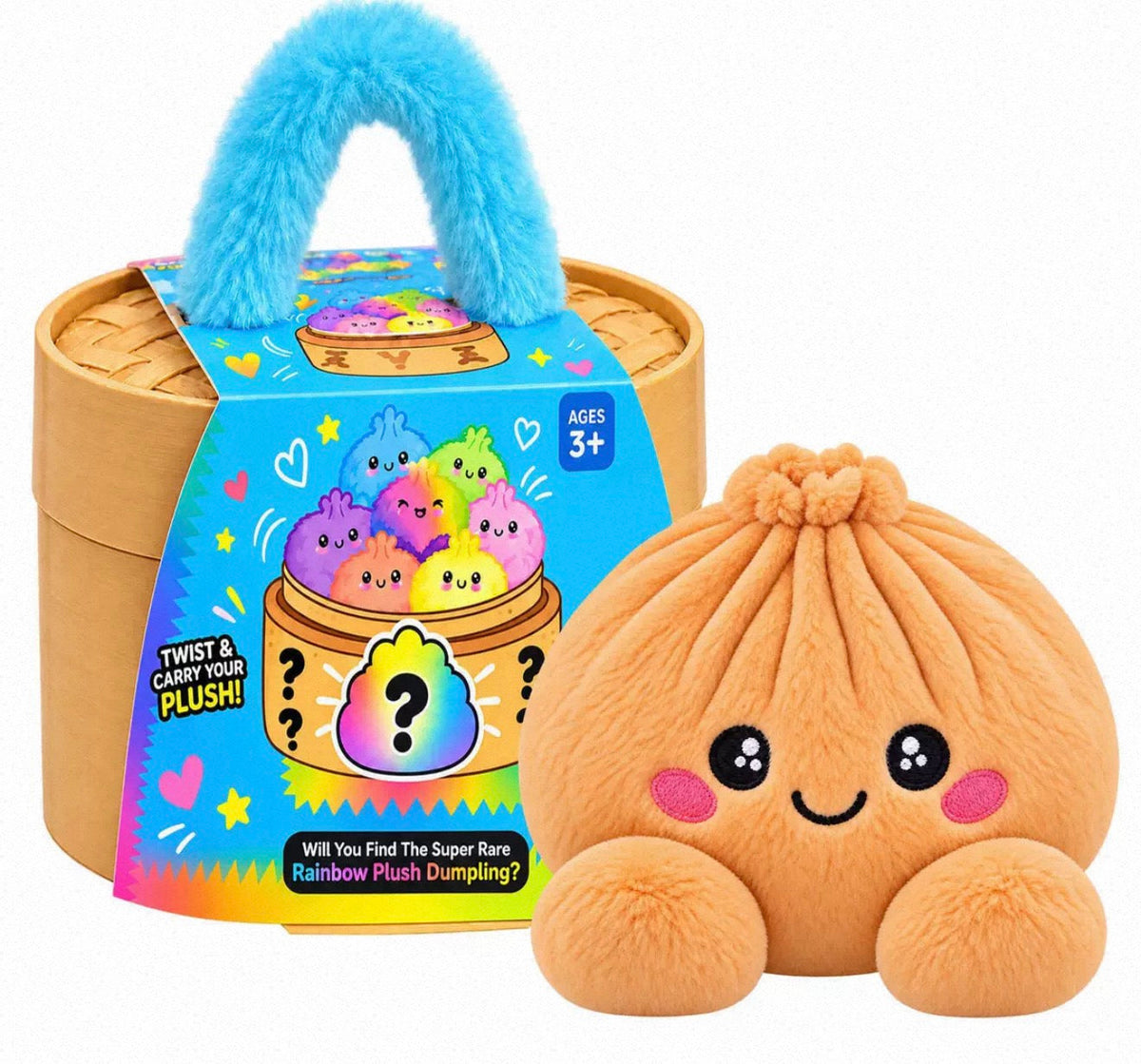 Orangebrun mjuk dumplingfigur med rosiga kinder framför ångkokarasken med blått plyschhandtag 2