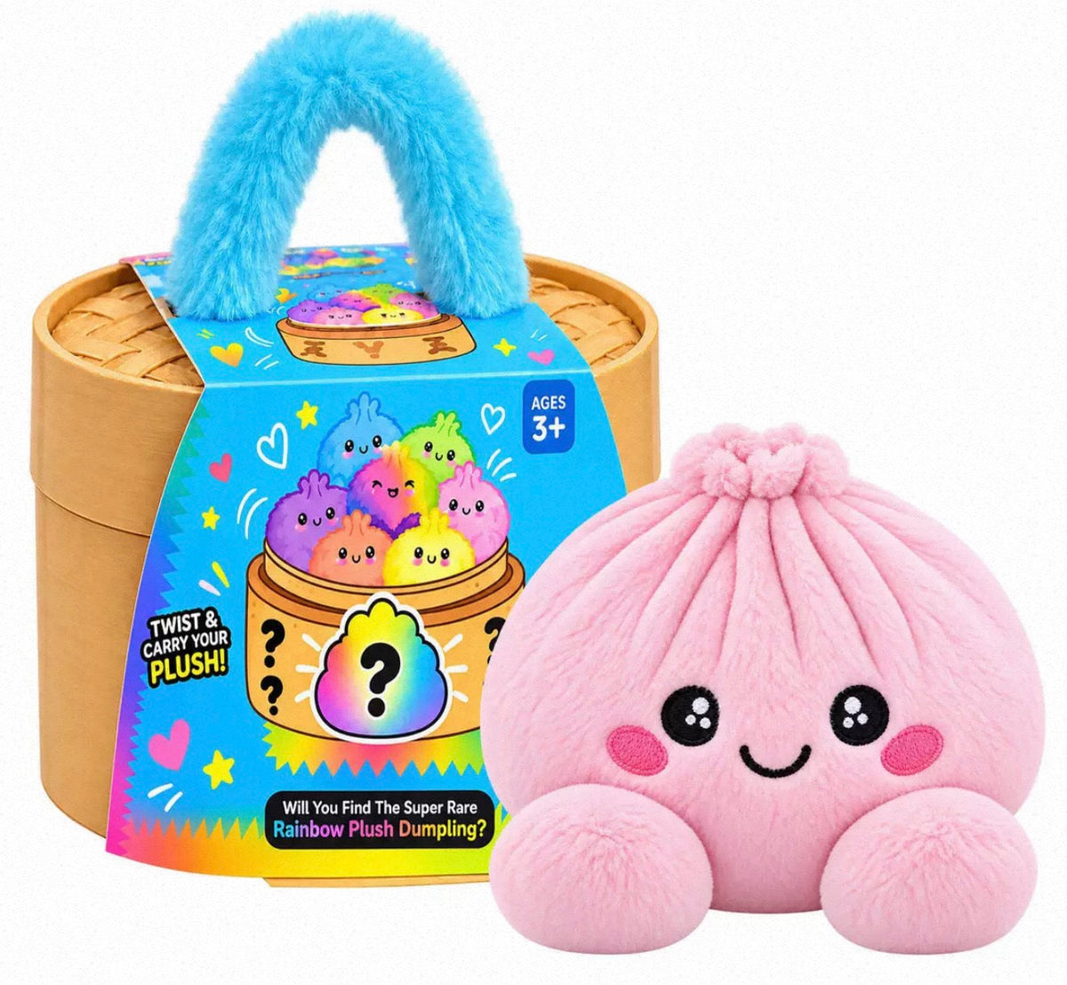 Rosa mjuk dumplingfigur med broderat ansikte bredvid asken med fluffigt blått handtag 4