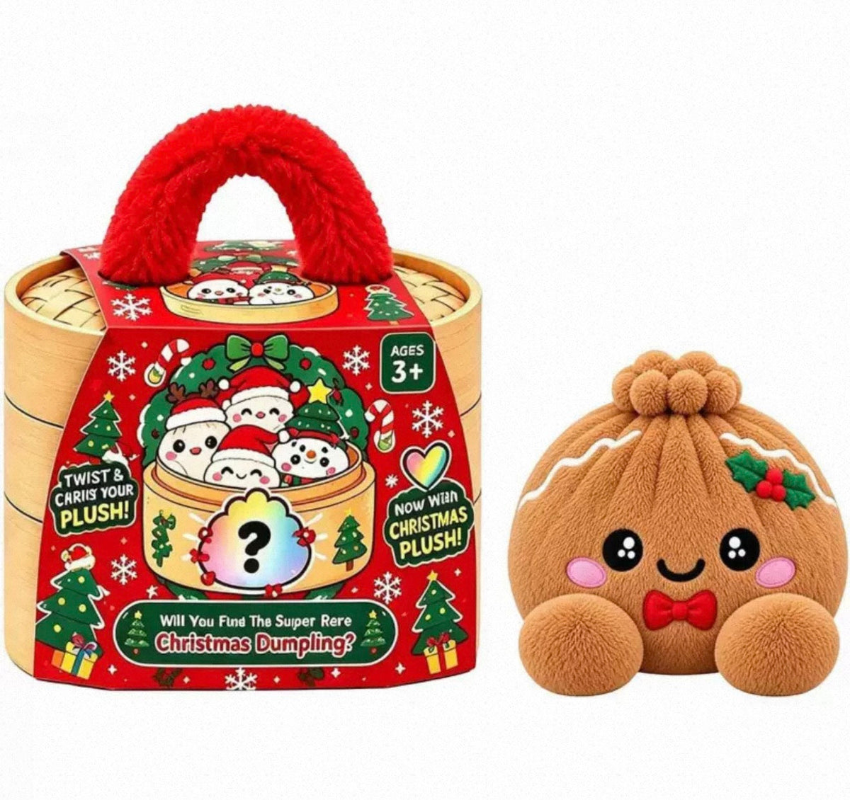 Pepparkaksbrun dumplingfigur med vita glasyrlinjer, järnekskvist och röd fluga bredvid röd julask 13
