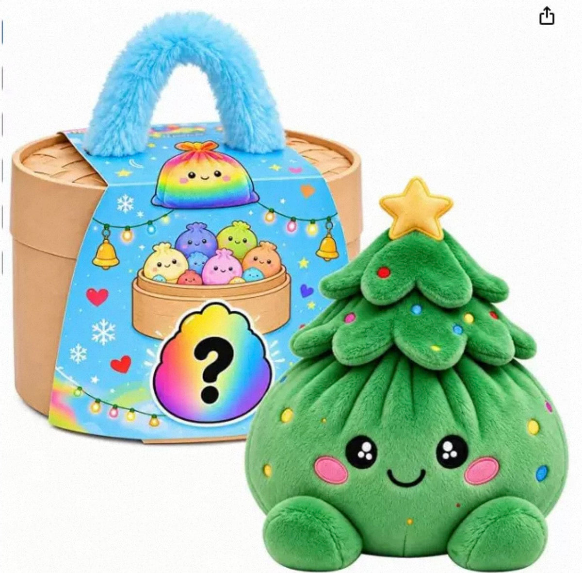 Grön julgransformad plyschfigur med gul stjärna och färgglada prickar bredvid ask med blått handtag 14