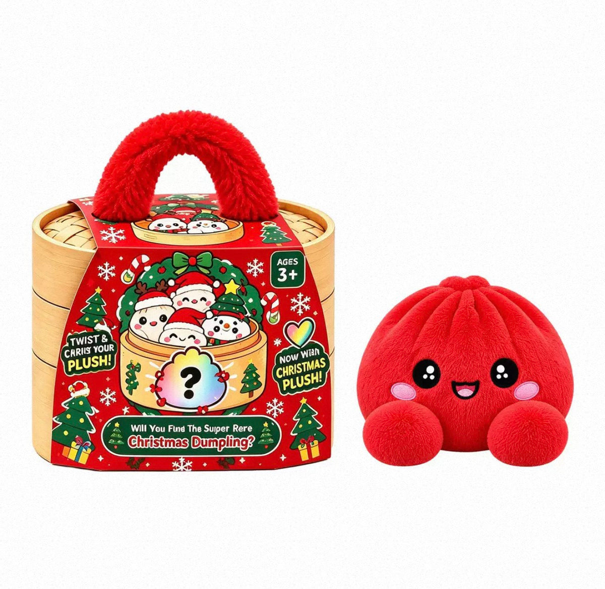 Röd mjuk dumplingfigur med glatt öppet leende bredvid röd julask med fluffigt röda handtag 7