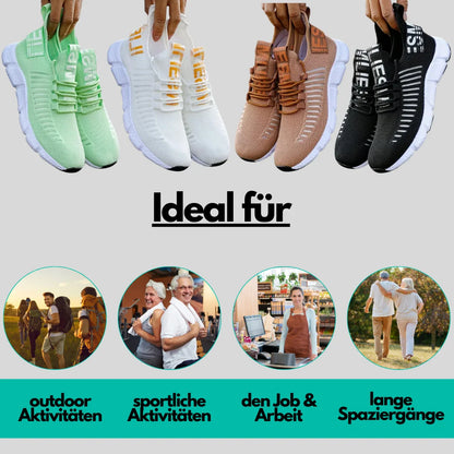 Vier Paar Sportschuhe in Grün, Weiß, Braun und Schwarz, ideal für Outdoor-Aktivitäten und Sport.