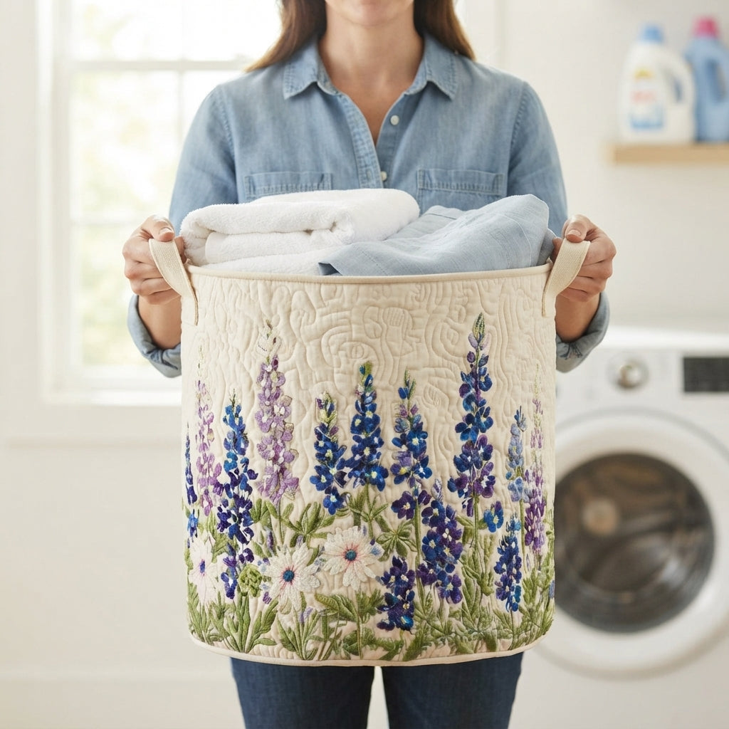 En person i jeansskjorta håller korgen i canvashandtagen, fylld med vikta handdukar, framför en tvättmaskin. 4